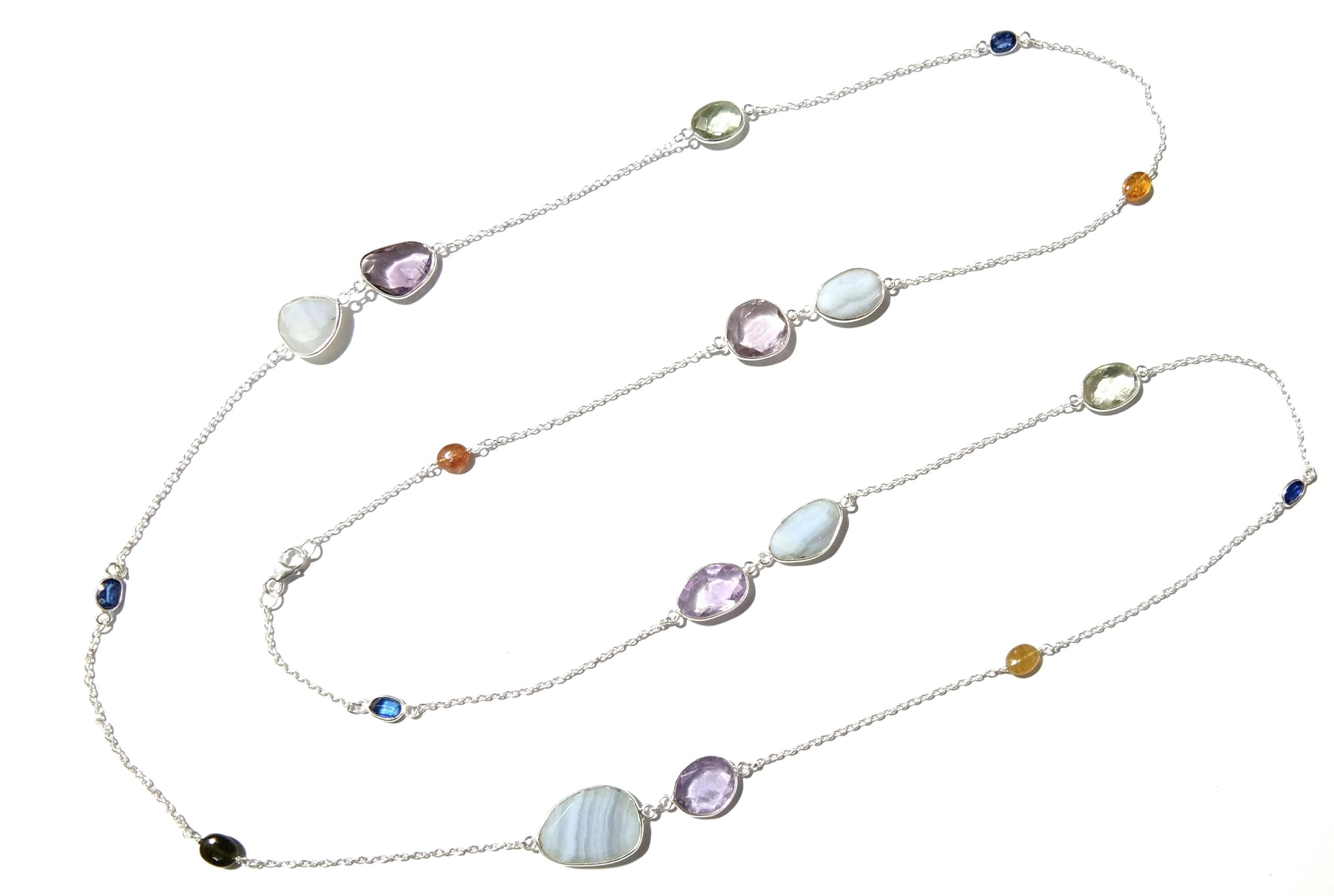 42'' Log Chain Bezel Necklace ! ALL Natural Gemstone Kyanite, Tourmaline, Amethyst & Blue Lace Necklace, 925 Solid Sterling Silver Jewelry.